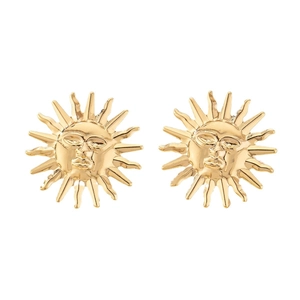 Elegant gold vintage sun face stud earrings with radiant rays for women on white background