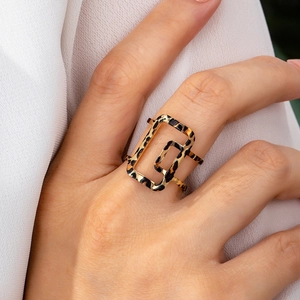 Geometric Hollow Leopard Print Ring Alloy Gold Plated Retro Fashion Chic Open Finger Jewelry For Women