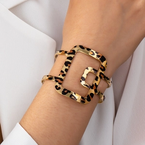 Bracelet Manchette Creux Géométrique Imprimé Léopard Alliage Ouvert Mode Bijoux Pour Femmes