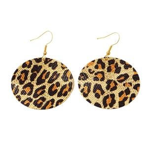 Fashionable round leopard print woven drop earrings with bohemian style and gold hooks