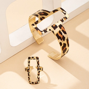 Fashion gold-toned hollow geometric jewelry set with leopard print bracelet and ring