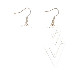 Asymmetric gold geometric earrings featuring layered hollow triangle charms with fishhooks