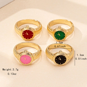 Fashionable gold watch-shaped rings with colorful dials and detailed size specifications