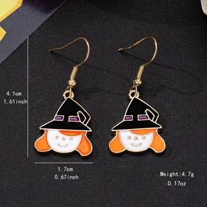 Fashionable Halloween witch earrings with gold hooks and orange hair charm, size 4.1cm