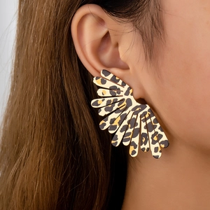 Boucles D Oreilles Éventail À Plumes Imprimé Léopard En Alliage Doré Géométrique Radial Bijoux De Mode Pour Femmes Style Rétro
