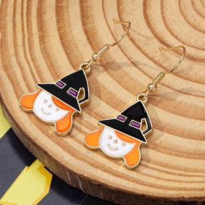 Halloween cartoon witch hat drop earrings featuring black and orange festive details
