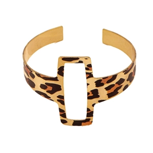 Bracelet jonc doré avec imprimé léopard et découpe géométrique rectangulaire évidée