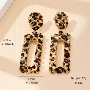 Hollow rectangular leopard print drop earrings with vintage golden hammered metal texture