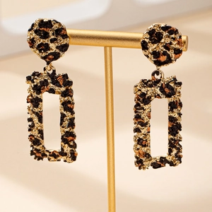 Retro geometric leopard print earrings with gold metal base and hollow rectangle pendants