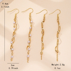 Boucles d'oreilles pendantes à franges dorées avec perles blanches, longueur 9,4 cm