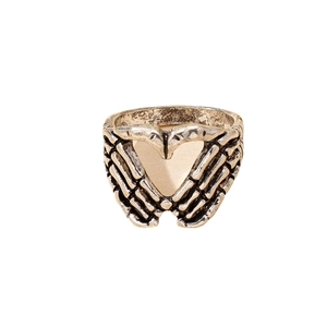 Bague rétro hip-hop avec deux mains squelettiques formant un cœur en or vintage vieilli