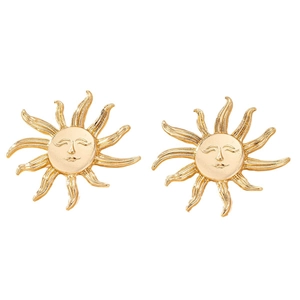 Elegant gold sun face stud earrings with artistic relief and bohemian sunburst design