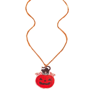 Collana con ciondolo a forma di zucca di Halloween e gatto nero con testo Trick or Treat su bianco