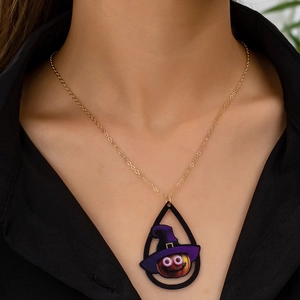 Halloween Pumpkin Wizard Hat Teardrop Pendant Necklace Acrylic Alloy Funny Creative Party Jewelry For Women