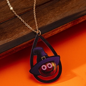 Halloween necklace with water-drop pumpkin pendant and purple wizard hat on gold chain