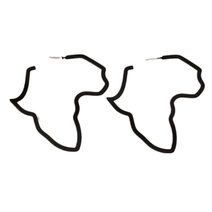 Pair of black matte Africa map outline hoop earrings with minimalist geometric design