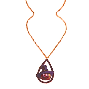 Halloween necklace featuring teardrop pumpkin pendant with purple wizard hat on orange chain