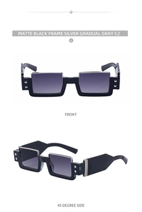 Detailed front and 45-degree side view of matte black rectangle frame sunglasses