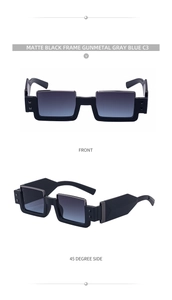 Detail view of matte black square frame sunglasses with metal rivets and blue lenses