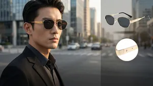 Detail of polarized sunglasses showing the metal frame and star-shaped rivet on temples