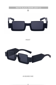 Detail shot of matte black square frame sunglasses with gray lenses and pixelated design