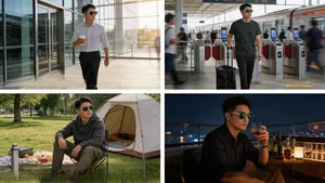 Polarized square sunglasses for men shown in various daily outdoor and lifestyle settings