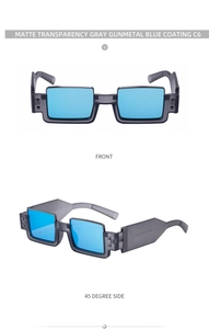 Front and 45-degree side views of pixel style sunglasses with matte gray frames