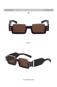 Front and side views of matte brown square sunglasses with gold metal hinge accents