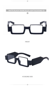 Detail view of matte black square sunglasses featuring blue light blocking lenses
