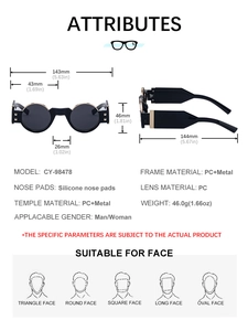 Especificaciones detalladas de tamaño para gafas de sol redondas retro de metal y PC