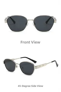 Close-up of square metal sunglasses with star detail on temples and polarized grey lenses