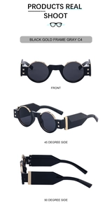 Trois vues de lunettes de soleil punk rétro avec monture noir et or et verres gris