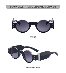 Vues détaillées de face et de côté de lunettes de soleil rondes rétro punk noir et argent
