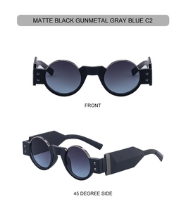 Vue de face et de profil de lunettes steampunk avec monture mate et verres noirs et gris mat