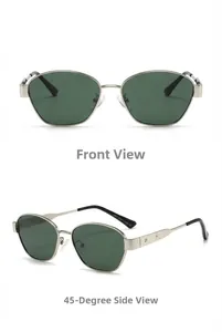 Detail of silver geometric sunglasses with dark green lenses and star metal accents