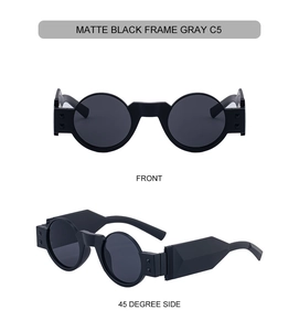 Détail de lunettes de soleil rondes noir mat avec verres gris et rivets carrés décoratifs