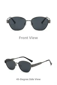 Detailed front and side views of square polarized metal frame sunglasses with star pattern