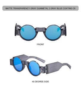 Vues détaillées de lunettes de soleil rondes punk gris mat avec rivets et verres bleus