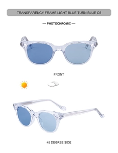 Détail de verres photochromiques passant du bleu clair au bleu foncé sur lunettes ovales