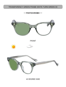 Détail de lunettes de soleil photochromiques ovales avec verres verts et monture translucide