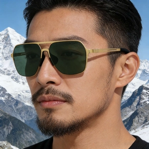 Classic double bridge square polarized sunglasses for men with golden metal frame