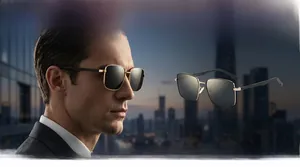 Close-up of square black and gold polarized sunglasses with side view of a male model