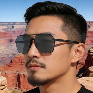 Classic men's square nylon polarized sunglasses with double bridge in matte black finish