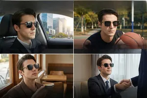 Square polarized sunglasses for men shown in driving, sports, and business scenarios