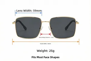 Detailed size chart of square polarized sunglasses with dimensions and 25g weight