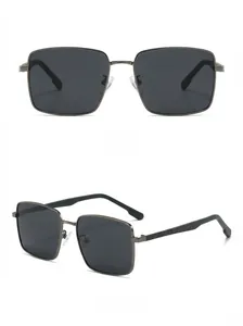 Front and 45-degree angle view of square polarized sunglasses with grey metal frame