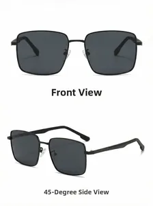 Front and 45-degree side views of square polarized sunglasses with metal frames