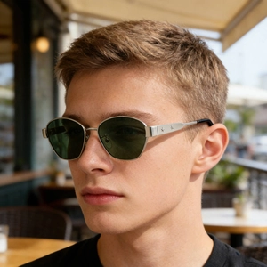 Silver square geometric polarized sunglasses for men with star detail on metal frame