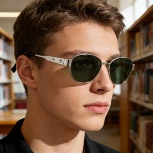 Men's retro square polarized sunglasses with silver star temple detail on male model