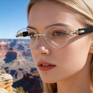 Détail de lunettes de soleil œil-de-chat sans monture avec bords de verres géométriques